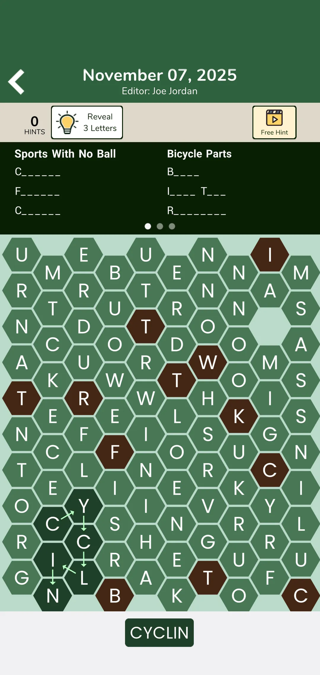 Screenshot of word puzzle game 7 Little Words Monkey Wrench version